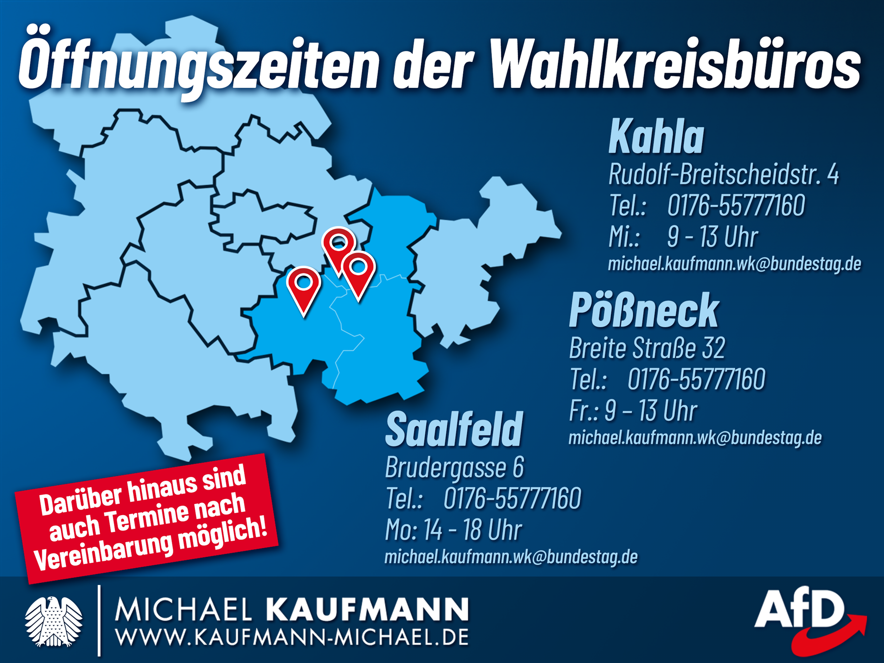 Die Adressen und Öffnungzeiten meiner Bürgerbüros im Wahlkreis 195